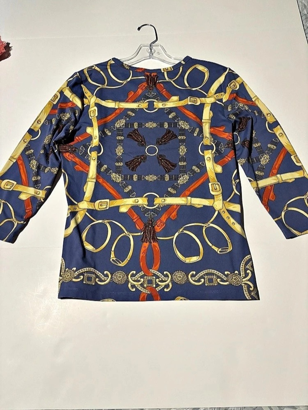 J.McLaughlin Navy Equestrian Bridle Buckle Print Stretch Knit Top - Large